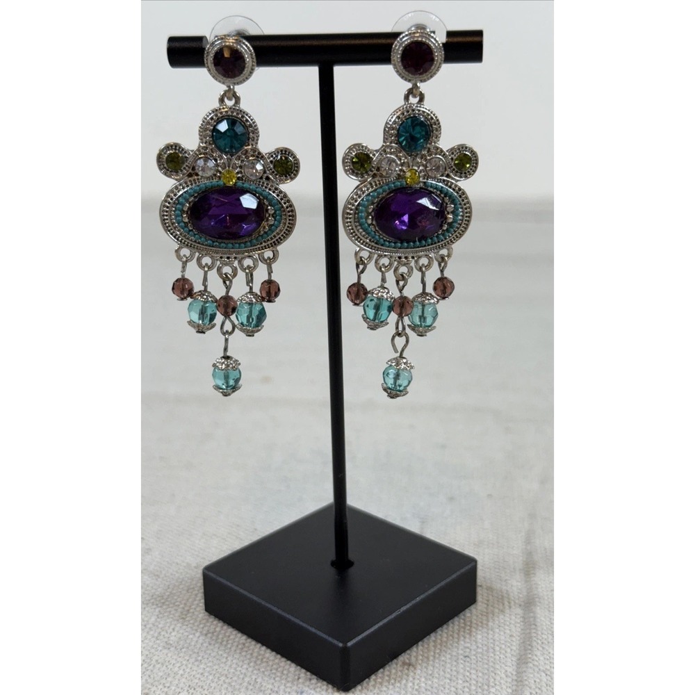 Boho Chandelier‎ Earrings Jewel Tone Beaded Dangle Statement Silver